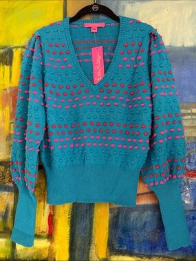 Lilly Pulitzer Robena Sweater in the "Teal Bay Striped Baubles” color-way- small